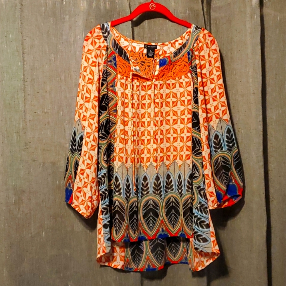 Shirt brand is New Direction Size Large, orange, blue,black,green, white,black